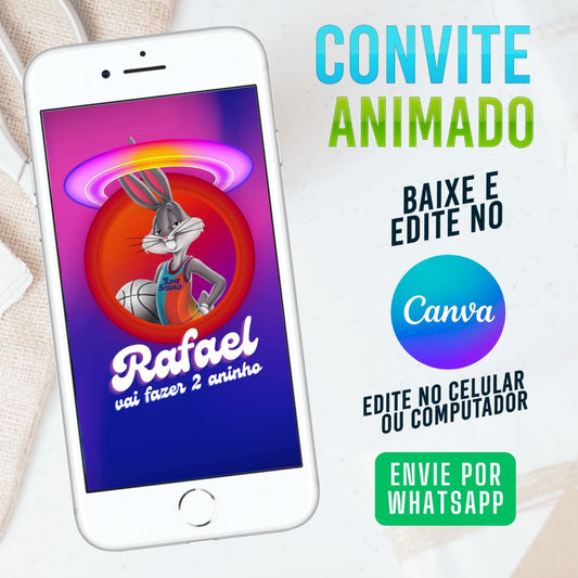 Space Jam Convite Animado editável no Canva. Festa Space Jam. Convite animado Space Jam. Template Convite Space Jam.