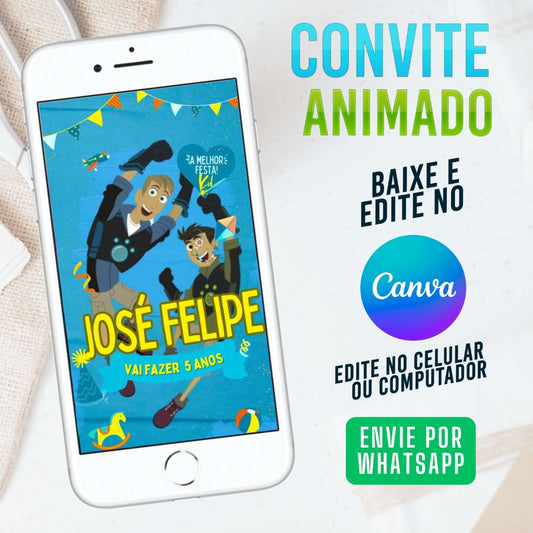 Aventura dos Krats Convite Animado editável no Canva. Festa Aventura dos Krats. Convite animado Aventura dos Krats. Template Convite Aventura dos Krats.
