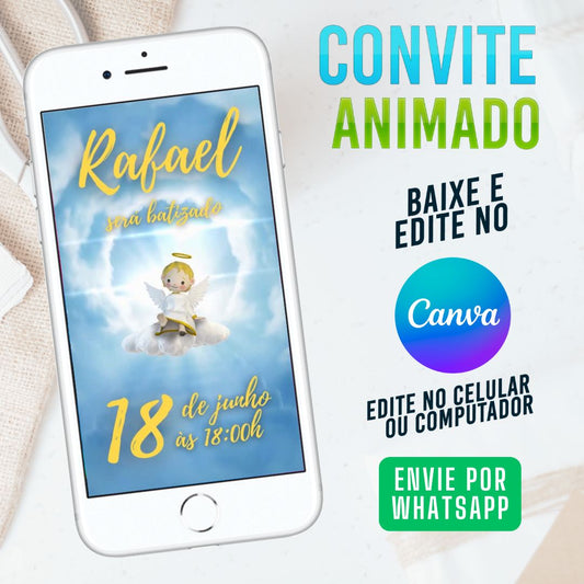 Batizado Anjinho Convite Animado editável no Canva. Decoração Batizado Anjinho. Convite animado Batizado Anjinho. Template Convite Batizado Anjinho.