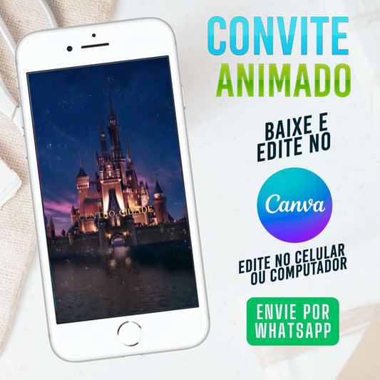 Castelo da Disney Convite Animado editável no Canva. Festa Disney 100 anos. Convite animado Magic Kingdom. Template Convite Disney.