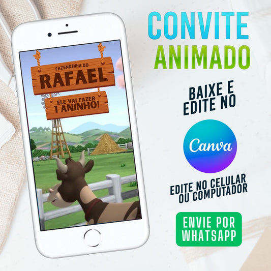 Fazendinha Convite Animado editável no Canva. Festa Fazendinha. Convite animado Fazendinha. Template Convite Fazendinha.