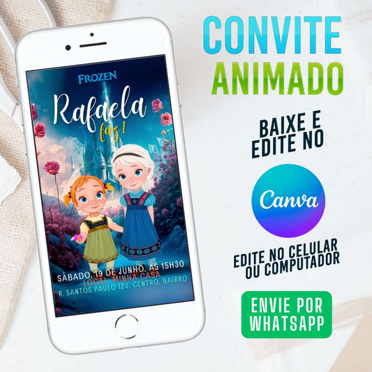 Frozen Baby Convite Animado editável no Canva. Festa Frozen Cutie. Convite animado Frozen Cute Template Canva.
