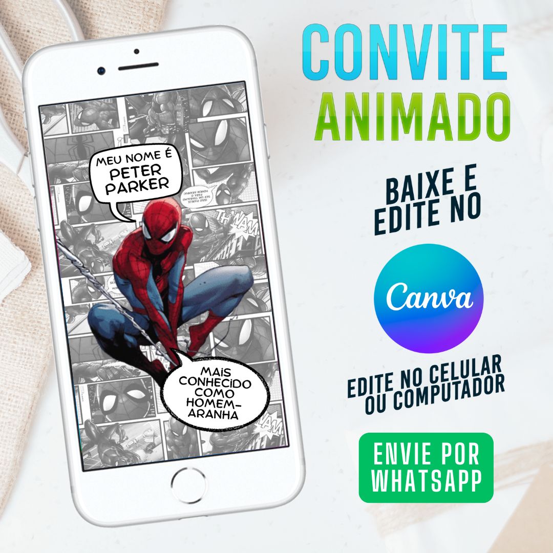 convite homem-aranha quadrinhos animato template canva