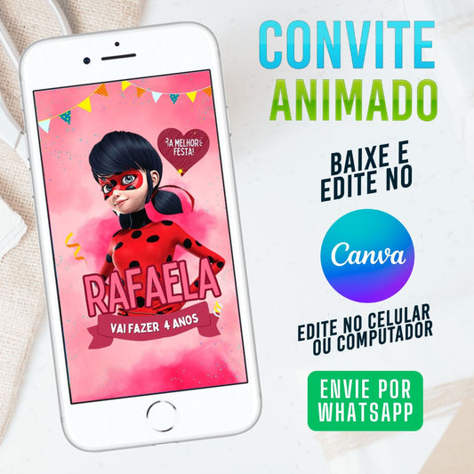 Ladybug Miraculous Convite Animado Editável no Canva. Festa Ladybug Miraculous. Convite Ladybug Miraculous. Template Canva. Template convite Canva.
