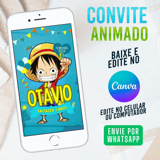 One Piece Luffy Convite Animado editável no Canva. Festa One Piece Luffy. Convite animado One Piece Luffy. Template Convite One Piece Luffy.