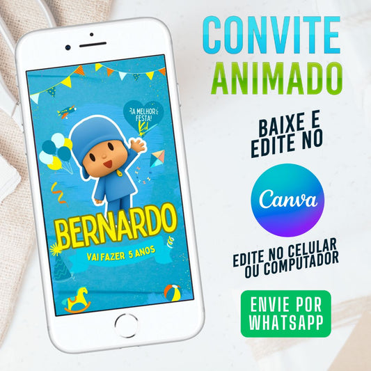 Pocoyo Convite Animado Editável no Canva. Festa Pocoyo. Convite Pocoyo. Template Canva. Template convite Canva.