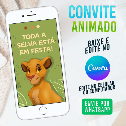 Rei Leão Simba Convite Animado editável no Canva 2. Festa Rei Leão Simba. Convite animado Rei Leão Simba. Template Convite Rei Leão Simba.