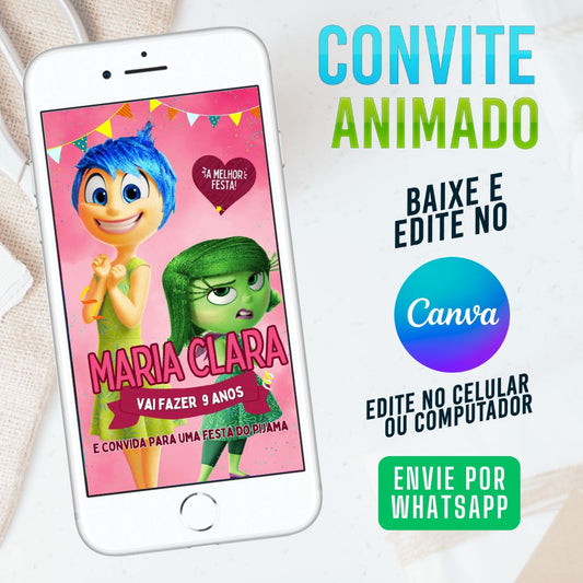 Divertida Mente Convite Animado editável no Canva. Festa Divertida Mente. Convite animado Divertida Mente Template Canva. Convite divertidamente.
