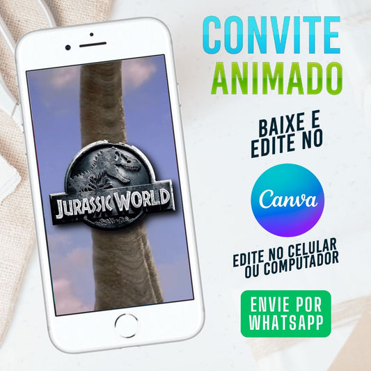Jurassic Park Convite Animado editável no Canva. Festa Jurassic Park. Convite animado Jurassic Park. Template Convite Jurassic Park.