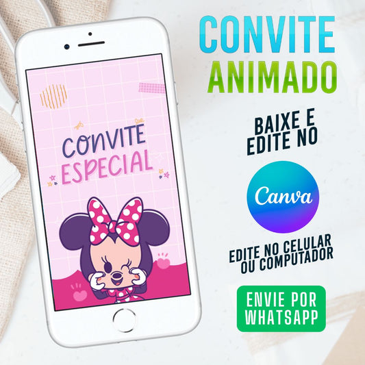 Minnie Cute Convite Animado Narrado editável no Canva. Festa Minnie Cute. Convite animado Minnie Cute Template Canva. Painel Festa Minnie Rosa.