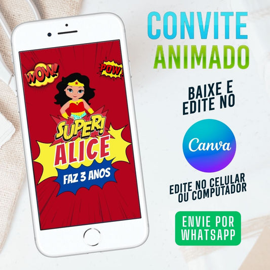 Mulher Maravilha Baby Convite Animado editável no Canva. Festa Mulher Maravilha Baby. Convite animado Mulher Maravilha Baby. Template Convite Mulher Maravilha.