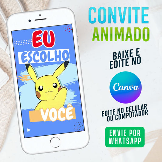 Pokemon Convite Animado editável no Canva. Festa Pokemon. Convite animado Pokemon. Template Convite Pokemon.