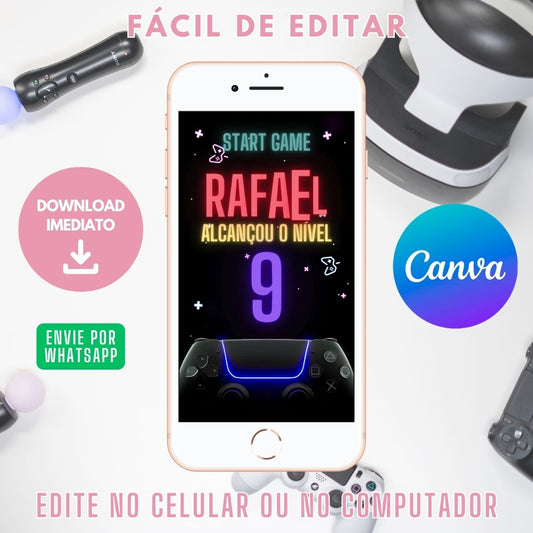 PS4 Convite Gamer Animado editável no Canva. PS4 Convite Gamer. PS4 Convite Gamer Template.