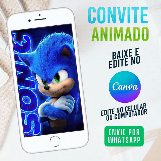 Sonic Convite Animado editável no Canva. Festa Sonic. Convite animado Sonic Template Canva.
