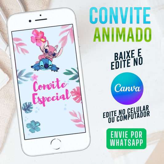Stitch Convite Animado editável no Canva. Festa Stitch. Convite animado Stitch Template Canva.