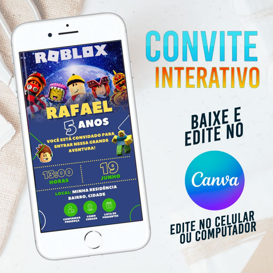 Convite Roblox Digital Editável - Template Canva Personalizado