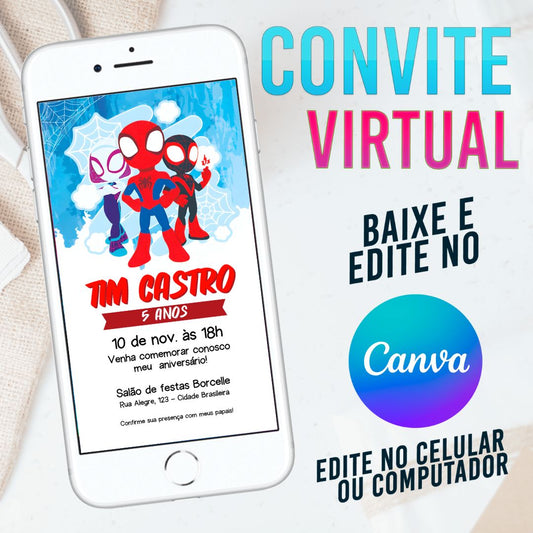 Spidey e seus Amigos Espetaculares. Convite Virtual Spidey e seus Amigos Espetaculares Template Canva.
